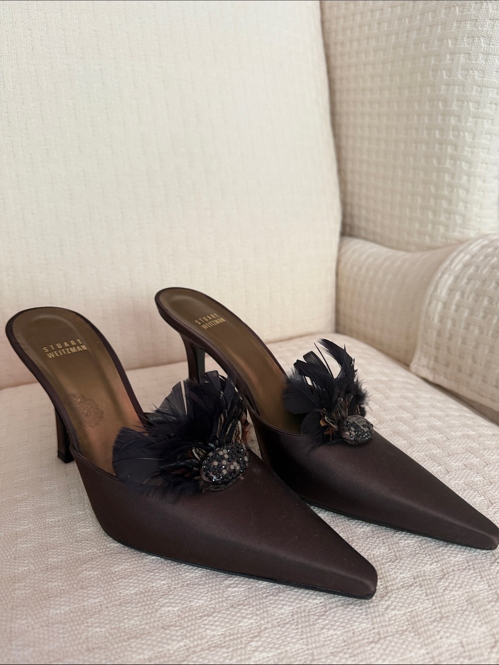 Stuart Weitzman Brown Satin Feather & Crystal Embellished Pointed Mules